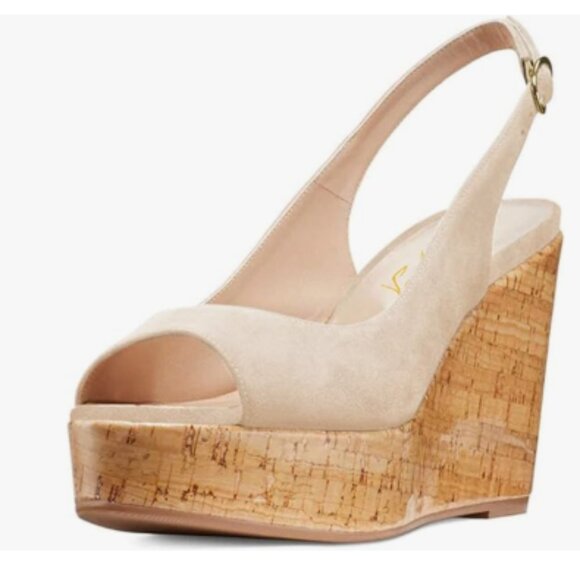 FOWT Apricot Peep Toe Slingback Platform Wedge High Heel Buckle Open Toe Sandals - Picture 1 of 8